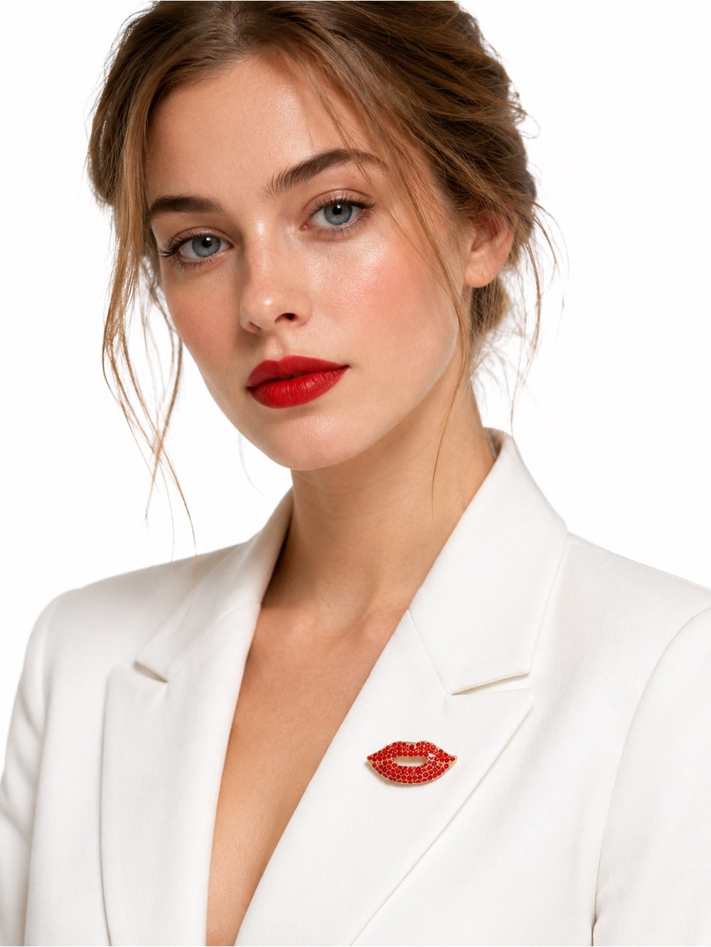 New Red Rhinestone Lips Brooch Pin – Sparkling Crystal Kiss Brooch – Gold Tone